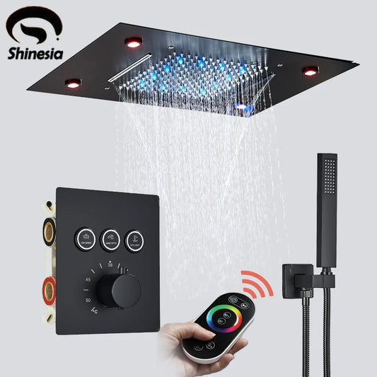 Shinesia Black Thermostat Rainfall Concealed Shower Led Hidden