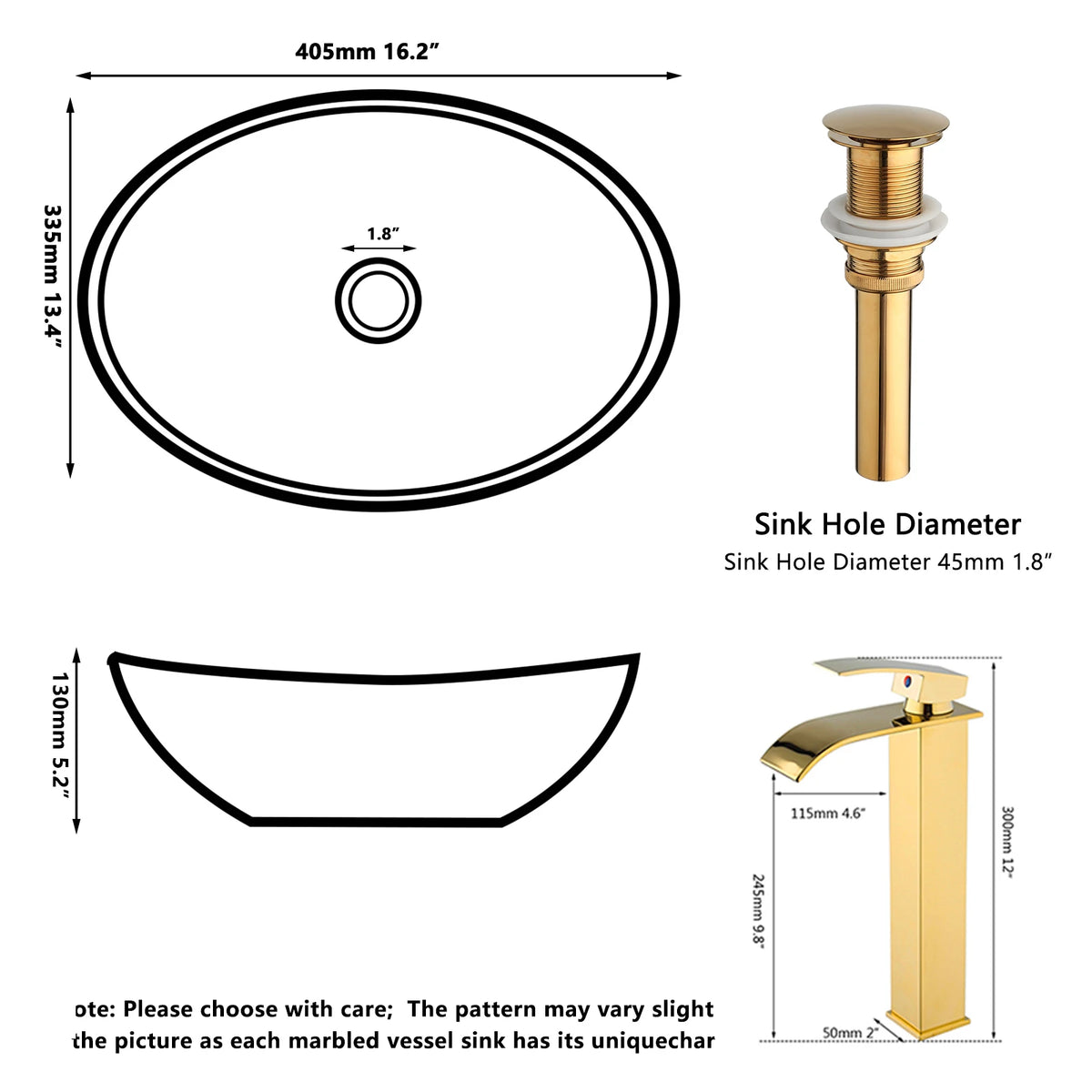 Kemaidi Oval Vessel Sink Faucet White Marbling Bathroom