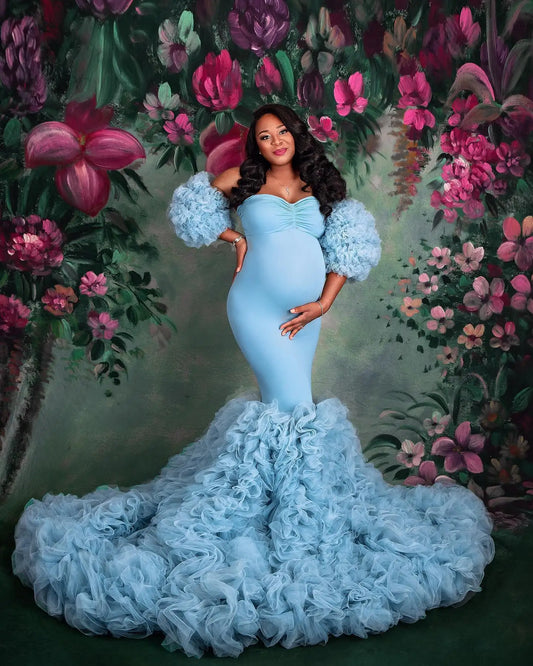 Extra Puffy Blue Maternity Robes Photography Vintage Tiered