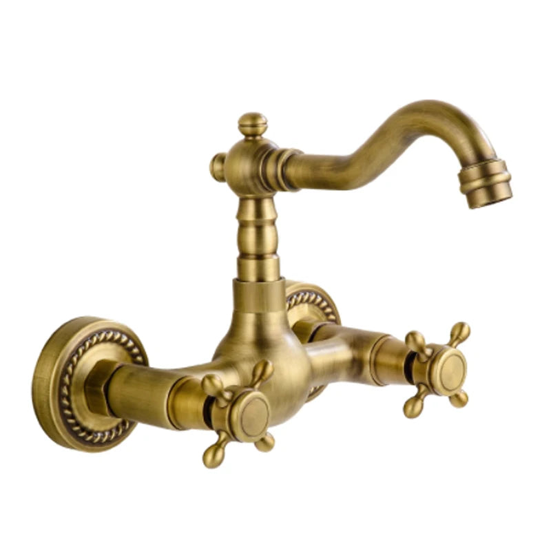 Antique Brass Wall Mounted Bathroom Sink Faucet 360