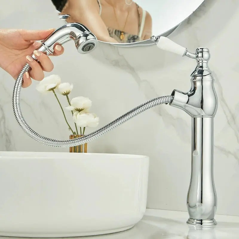 Gold Bathroom Ceramic Handle Basin Faucets Pull Out