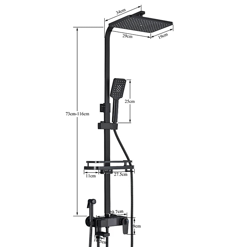 Black Digital Display Thermostatic Shower Faucets Rainfall Shower