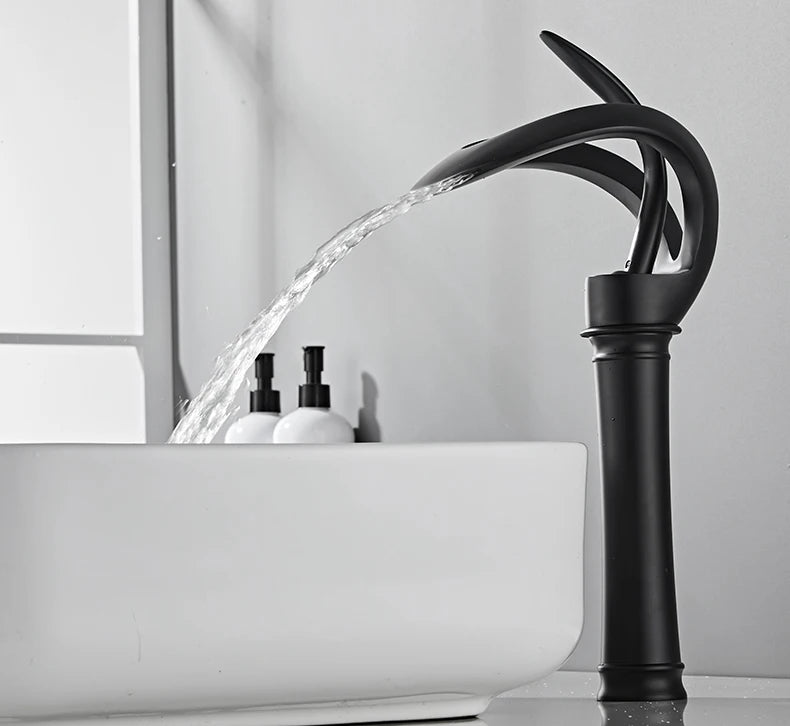 Black Bathroom Basin Taps Handle Waterfall Faucet Solid
