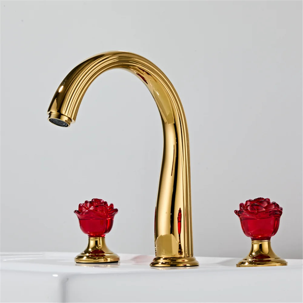 Gold Red Rose Basin Faucet Widespread Sink Tap