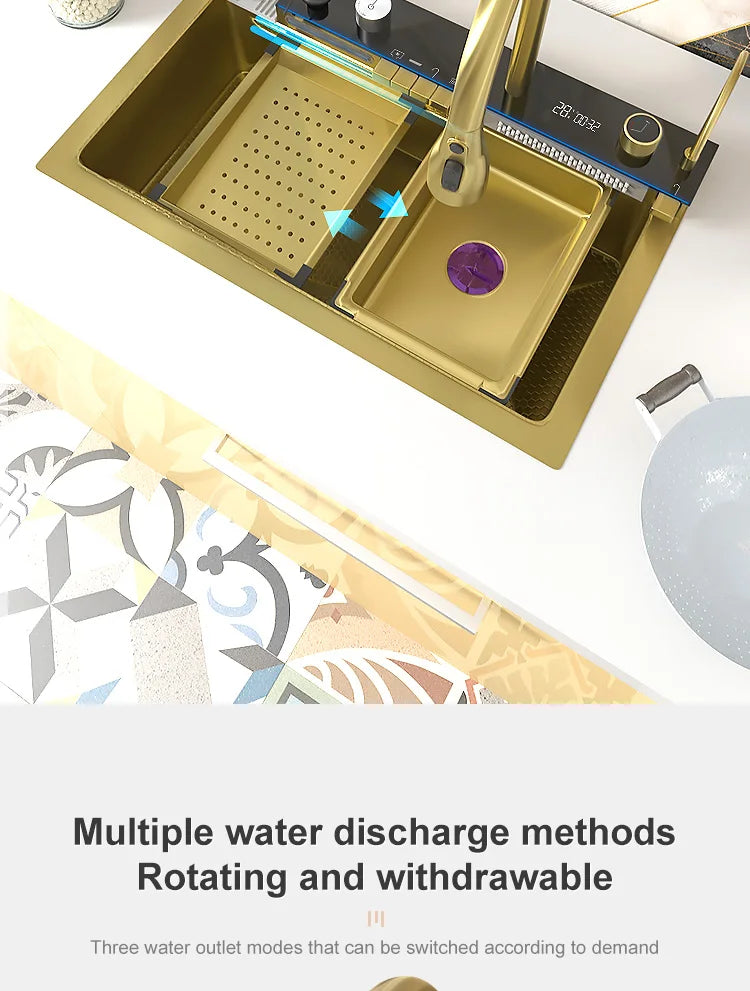 Stainless Steel Waterfall Sink Digital Display Large Slot