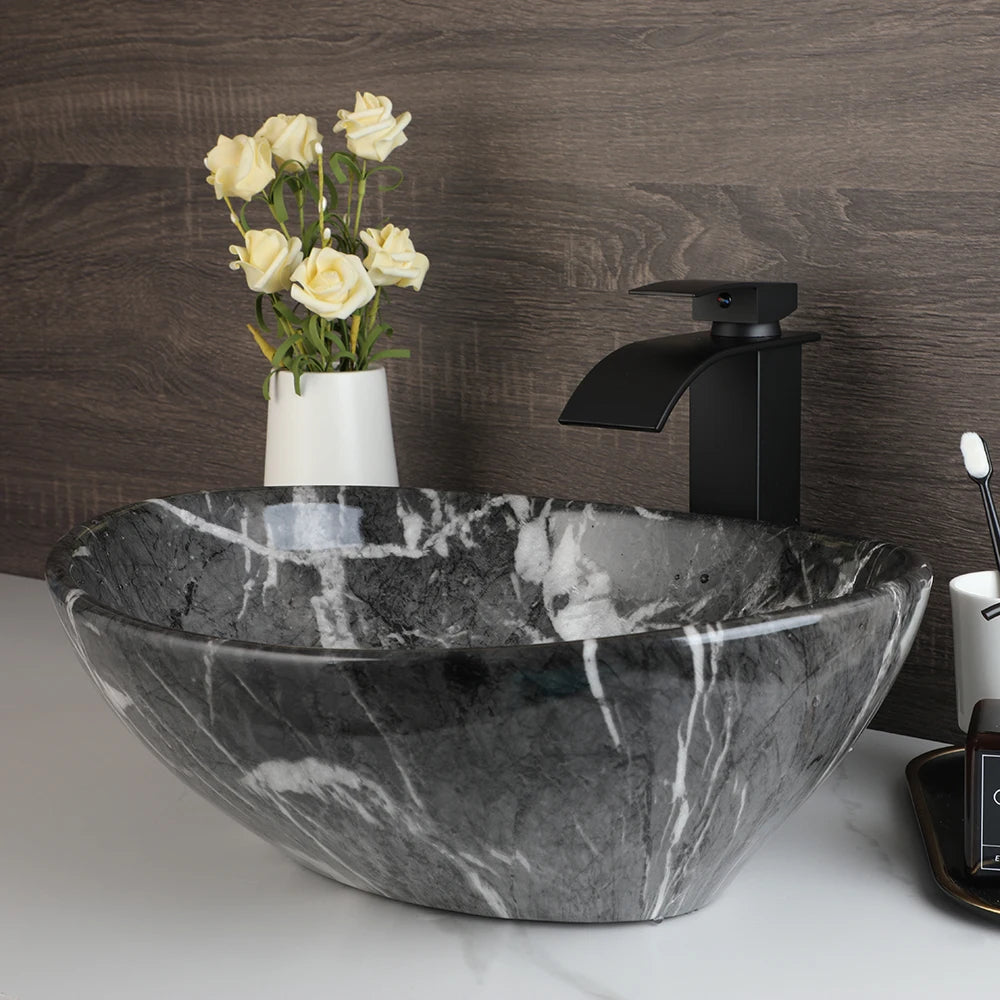 Kemaidi Oval Vessel Sink Faucet White Marbling Bathroom