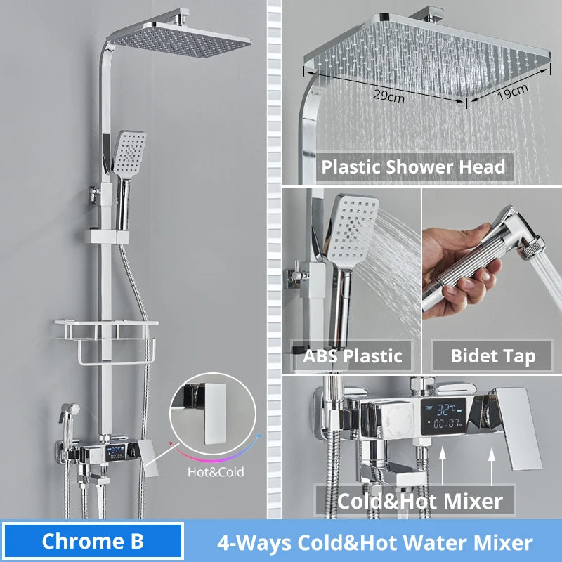 Bath Thermostatic Digital Display Shower Faucet Rain Shower