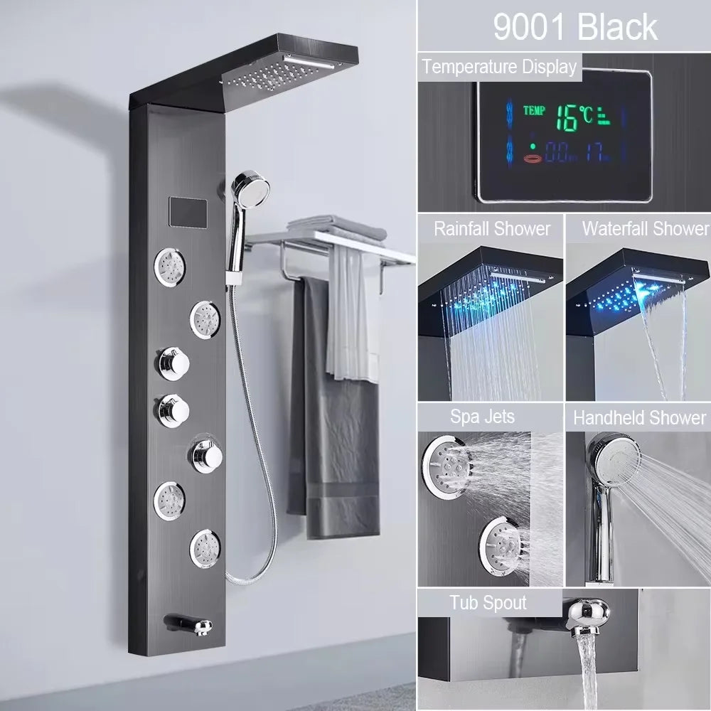 Led Shower Panel Waterfall Rain Temperature Digital Display