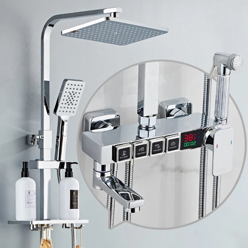 Luxury Thermostatic Bathroom Shower System White Gold Brass