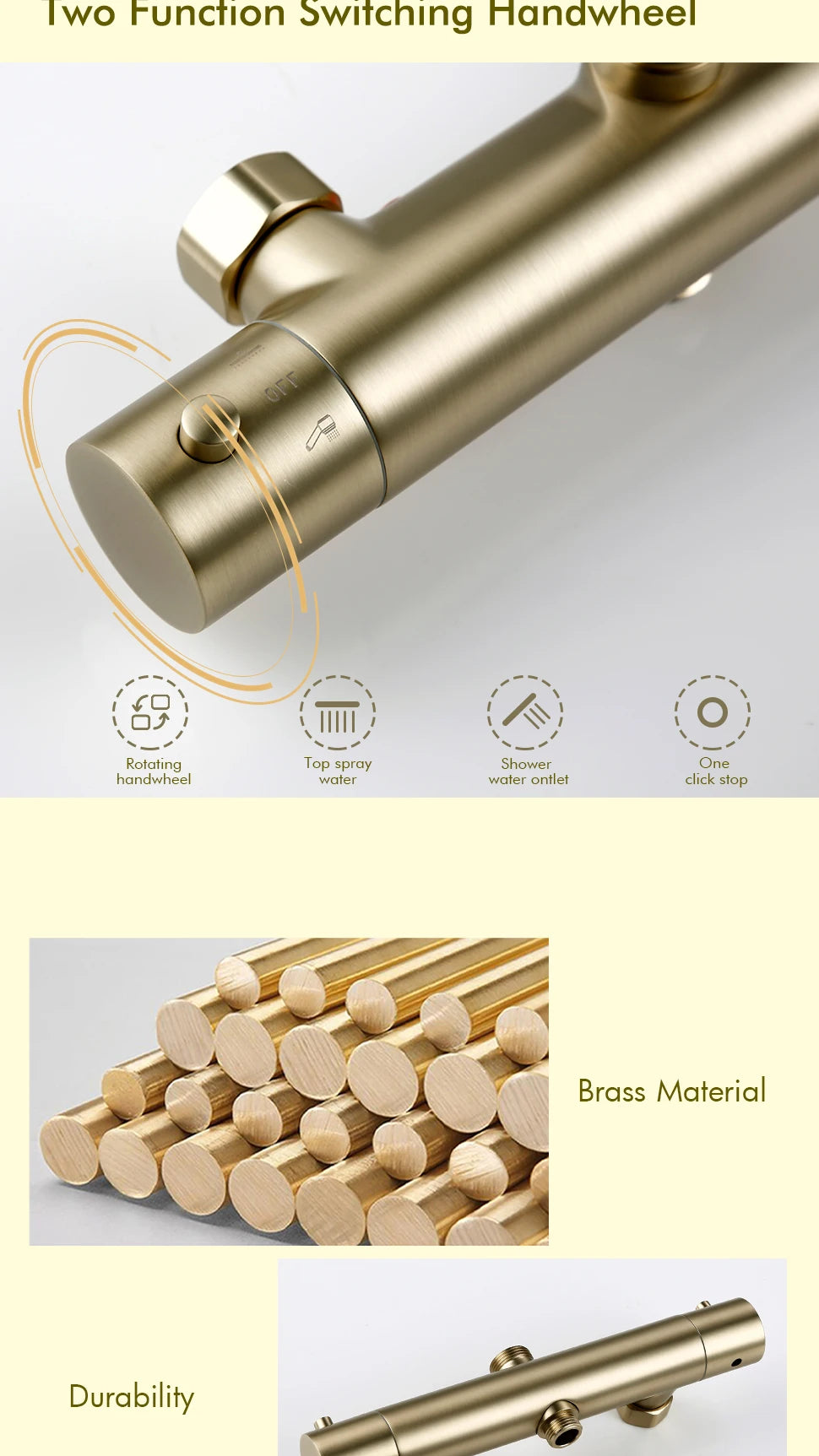 Brushed Gold Thermostatic Shower Faucets Sets Wall Mount