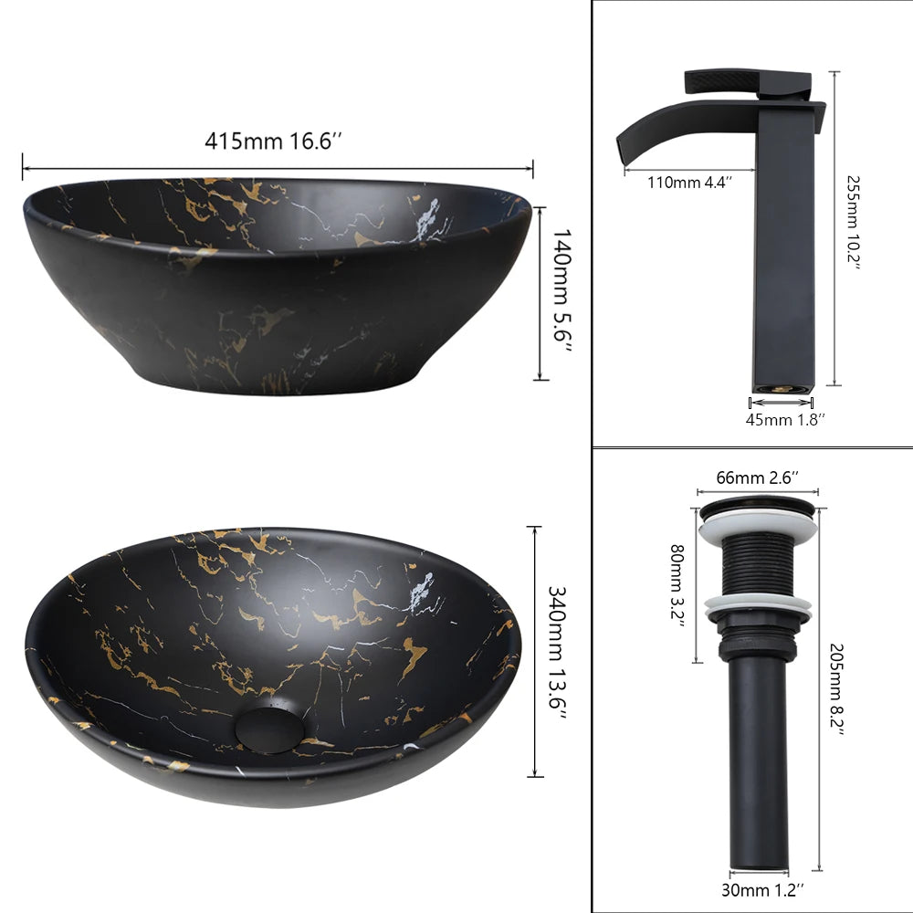 Kemaidi Oval Vessel Sink Faucet White Marbling Bathroom