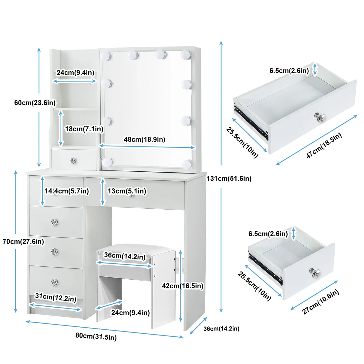 White Dressing Table Vanity Sliding Mirror Frame 3-Color