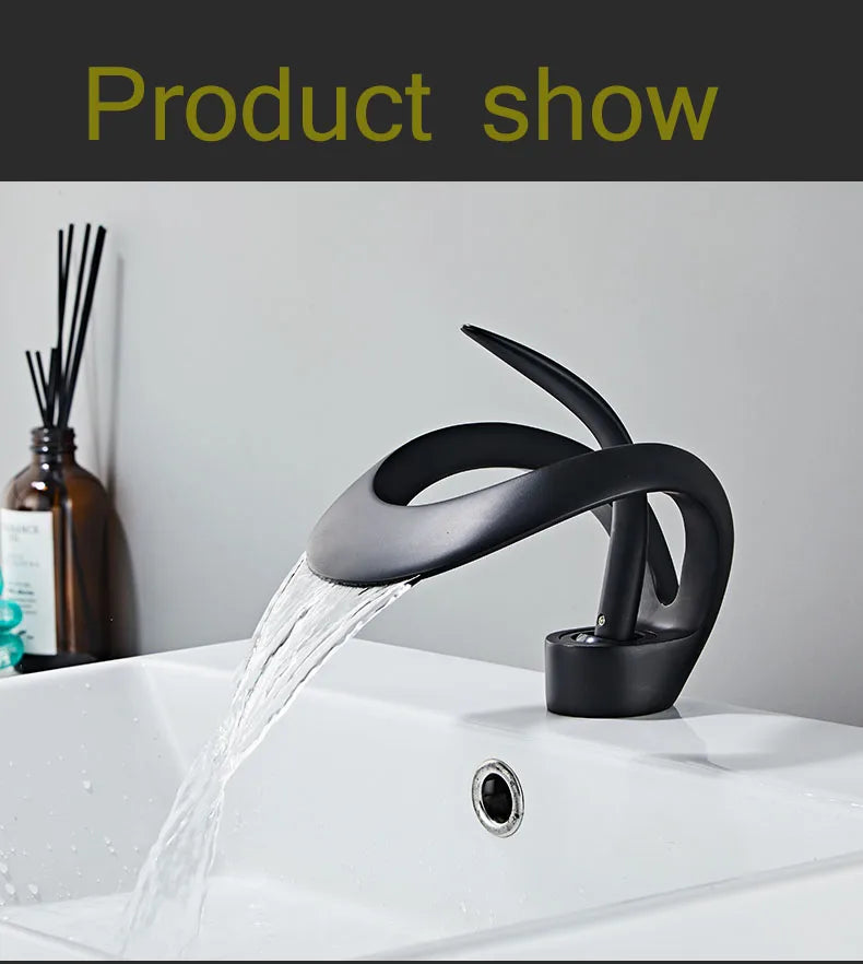 Black Bathroom Basin Taps Handle Waterfall Faucet Solid