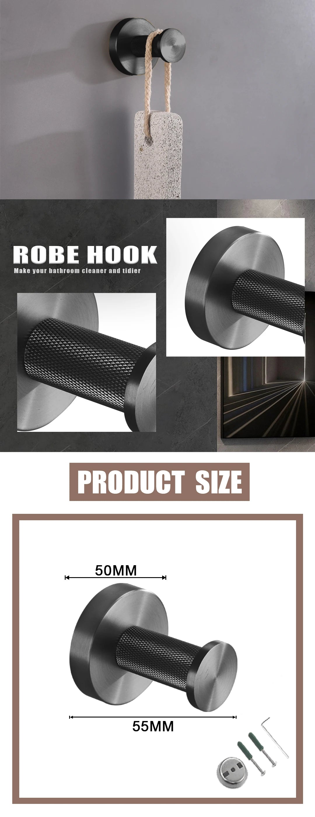 Grey Bathroom Hardware Kit Stainless Steel Round Wall