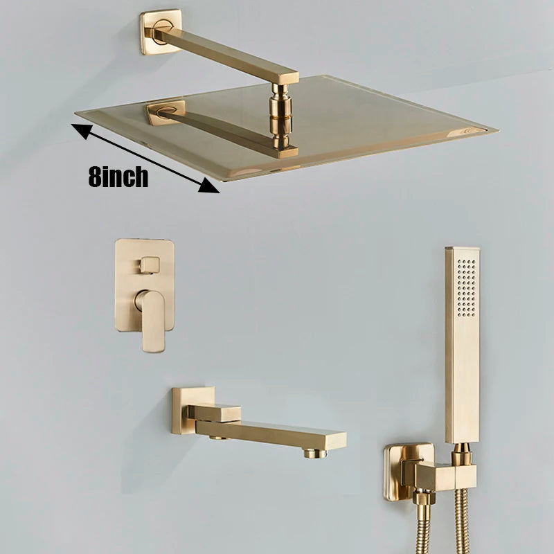 Brushed Gold Bathroom Shower Faucet Rainfall Concealed Shower