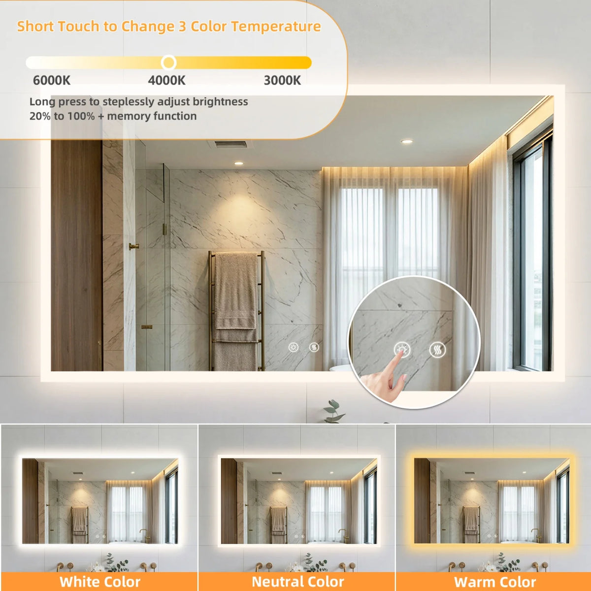 100/120cm Rectangular Led Bathroom Mirror Frameless Wall Vanity