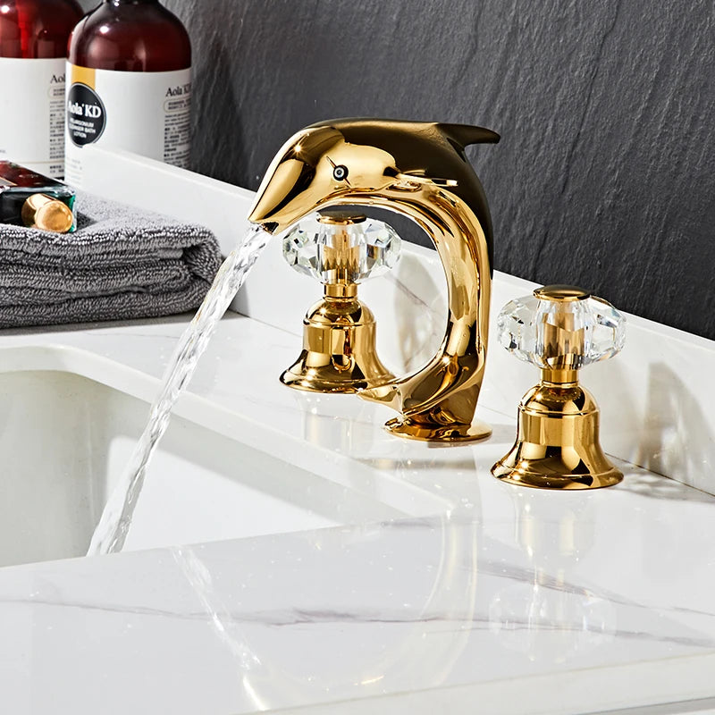 3pcs Golden Bathroom Basin Faucet Crystal Handle Widespread