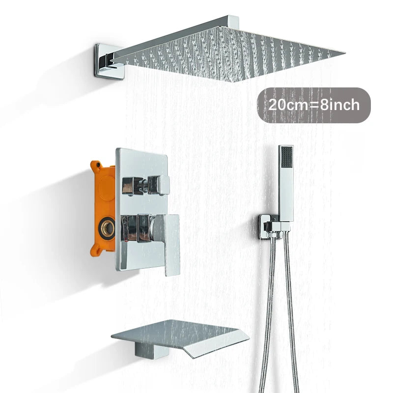 Chrome Concealed Bathroom Rain Waterfall Shower Faucets Wall
