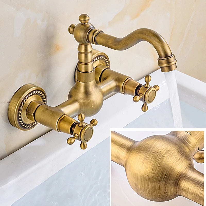 Antique Brass Wall Mounted Bathroom Sink Faucet 360