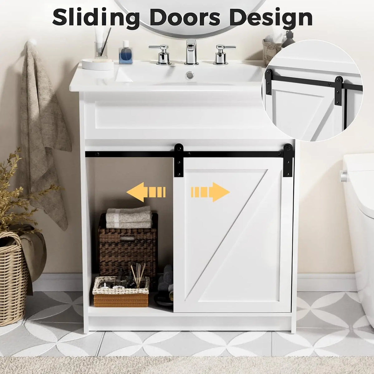 30 Bathroom Vanity Sink Farmhouse Cabinet White Sliding