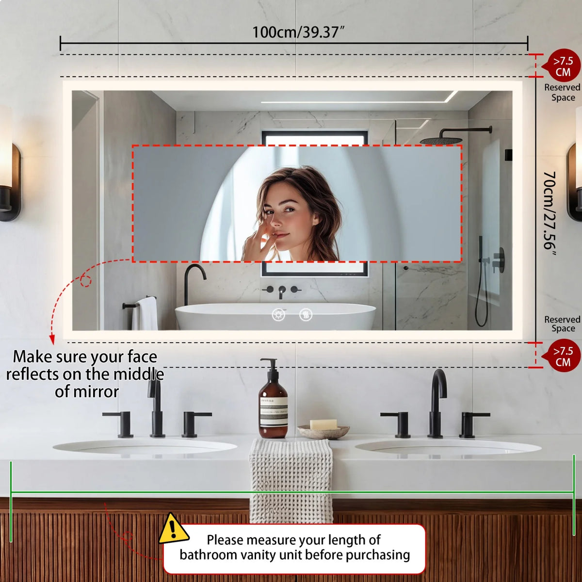 100/120cm Rectangular Led Bathroom Mirror Frameless Wall Vanity