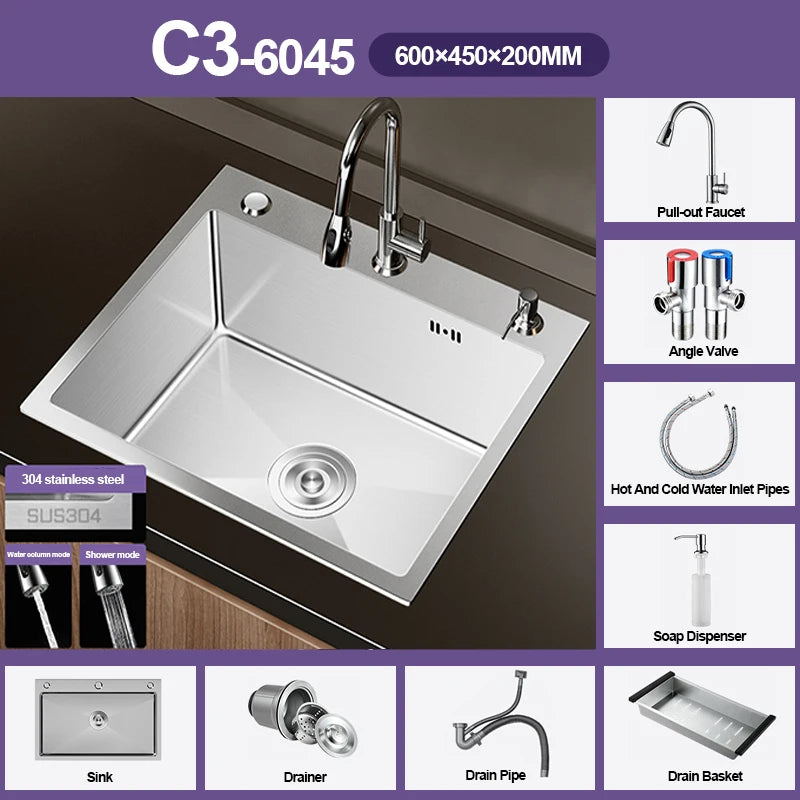 304 Stainless Steel Silver Sink Pull-Out Faucet Large