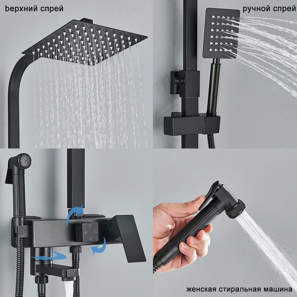 Black/Chrome Brass Shower Faucets Rainfall Shower Shelf Cold