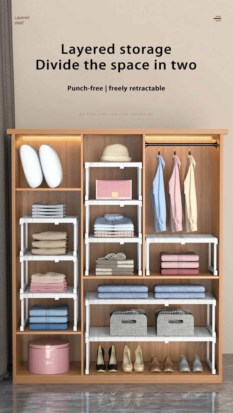 Wardrobe No-Punch Multi-Layer Retractable Adjustable Shelves