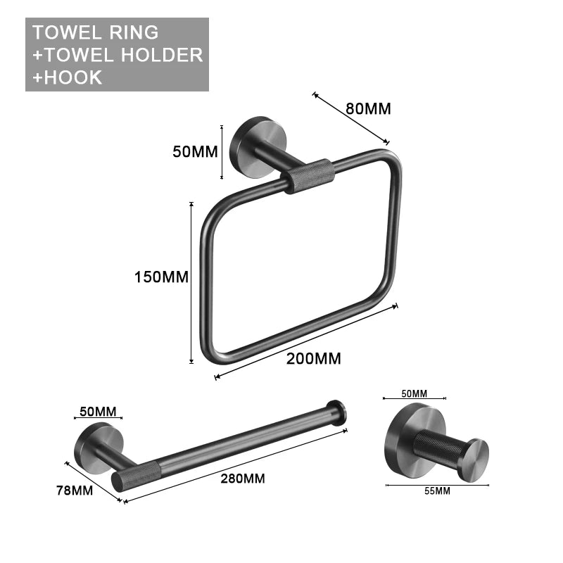 Grey Bathroom Hardware Kit Stainless Steel Round Wall