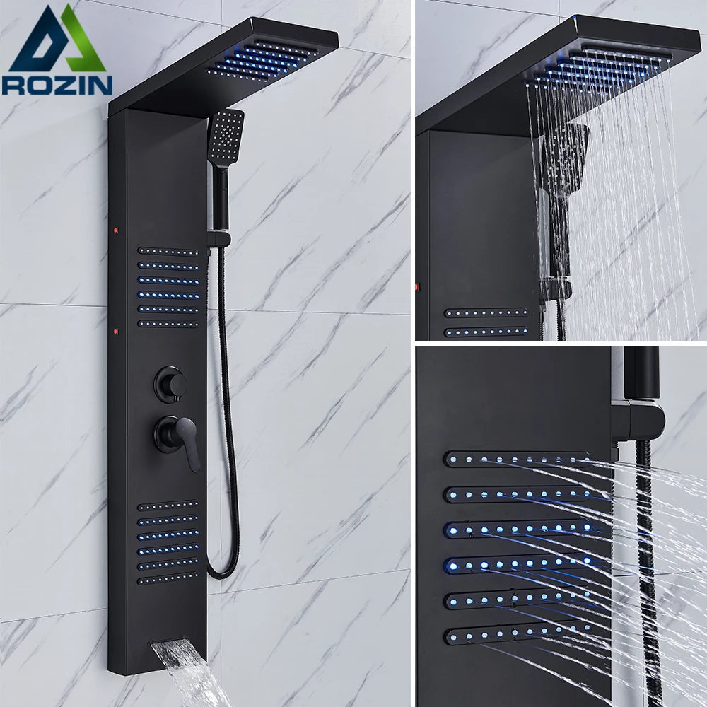 Rozin Black Shower Column Led Rainfall Bathroom Faucet