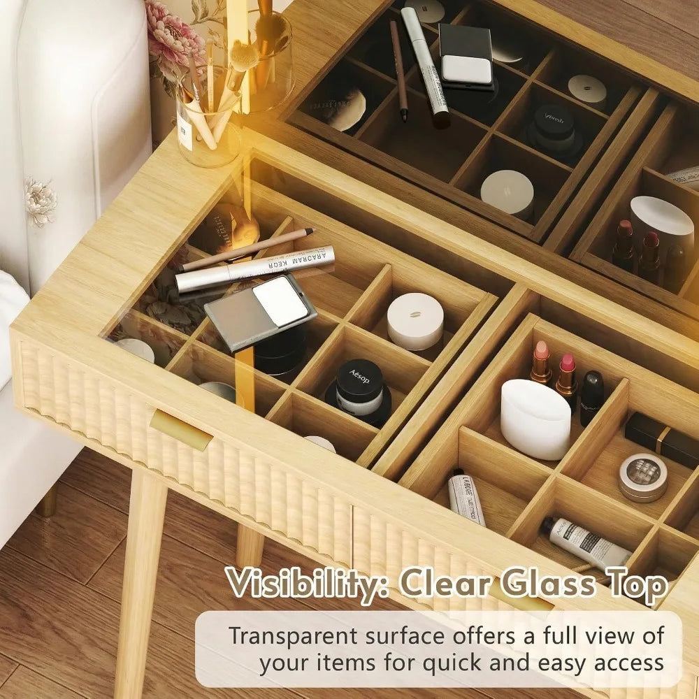 Fluted Boho Vanity Desk Led Mirror Glass Top