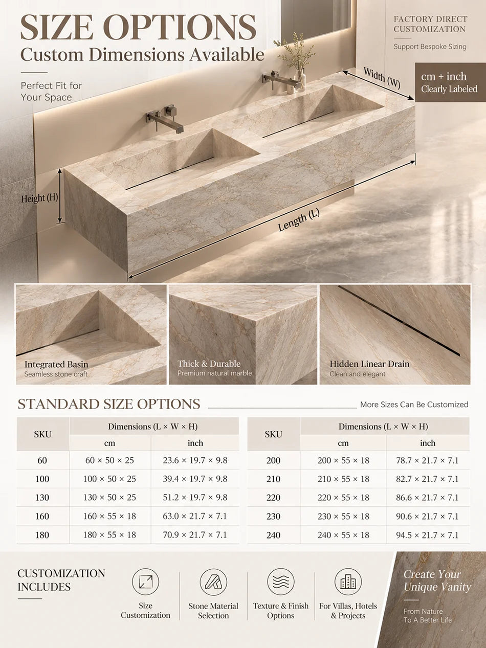Any Size Custom Luxury Natural Stone Bathroom Vanity