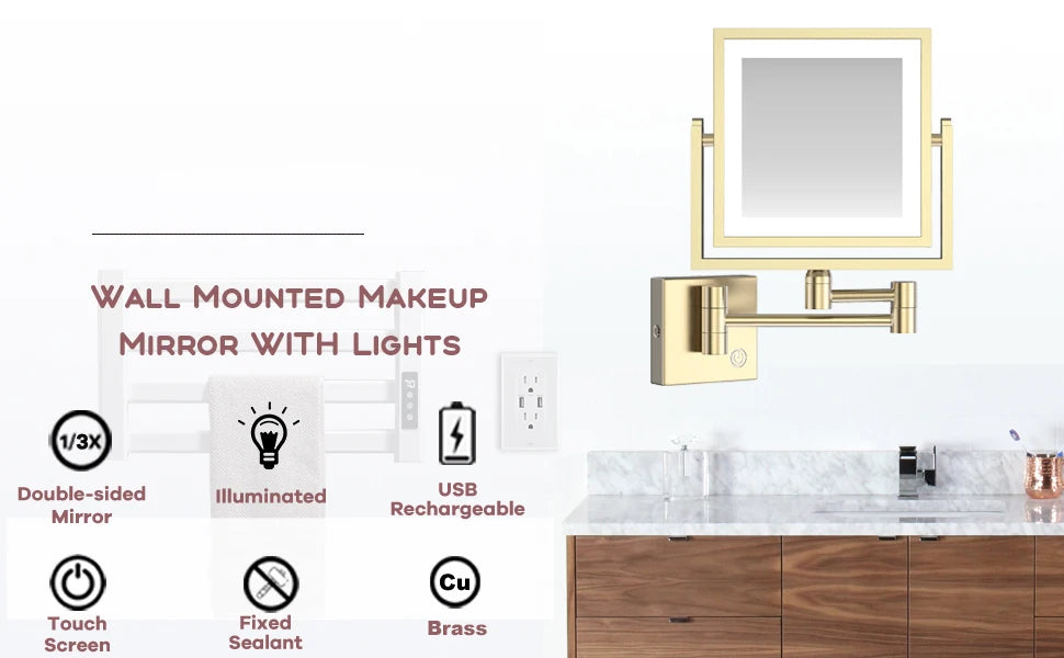 Square Touch Led Folding Bathroom Mirror 3x Magnifying