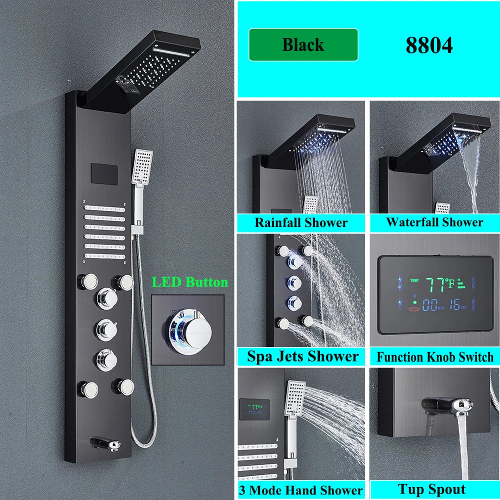 Brushed Nickel Bathroom Led Rainfall Shower Faucet Digital