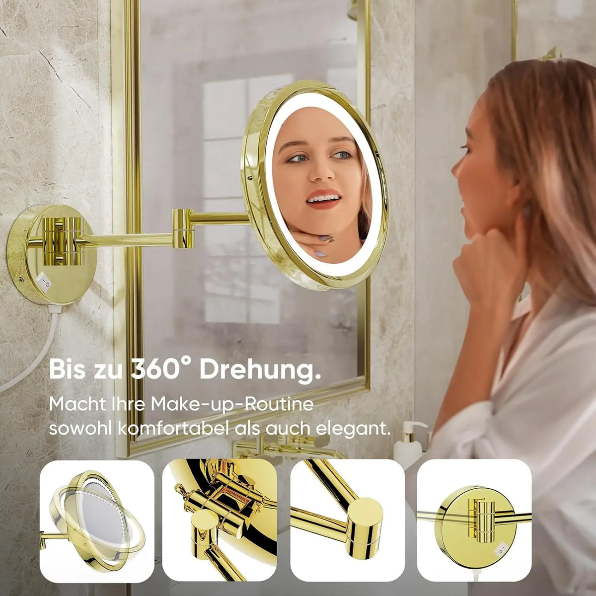 Brushed Gold Led Folding Bathroom Mirror Wall Mounted