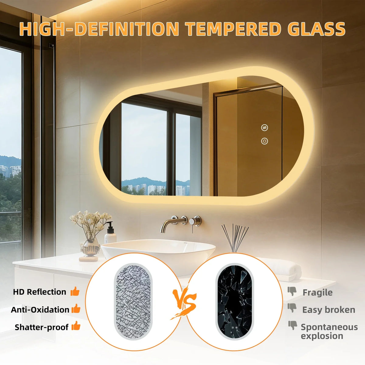 80/100/120cm Long Oval Led Bathroom Mirror Backlit Wall