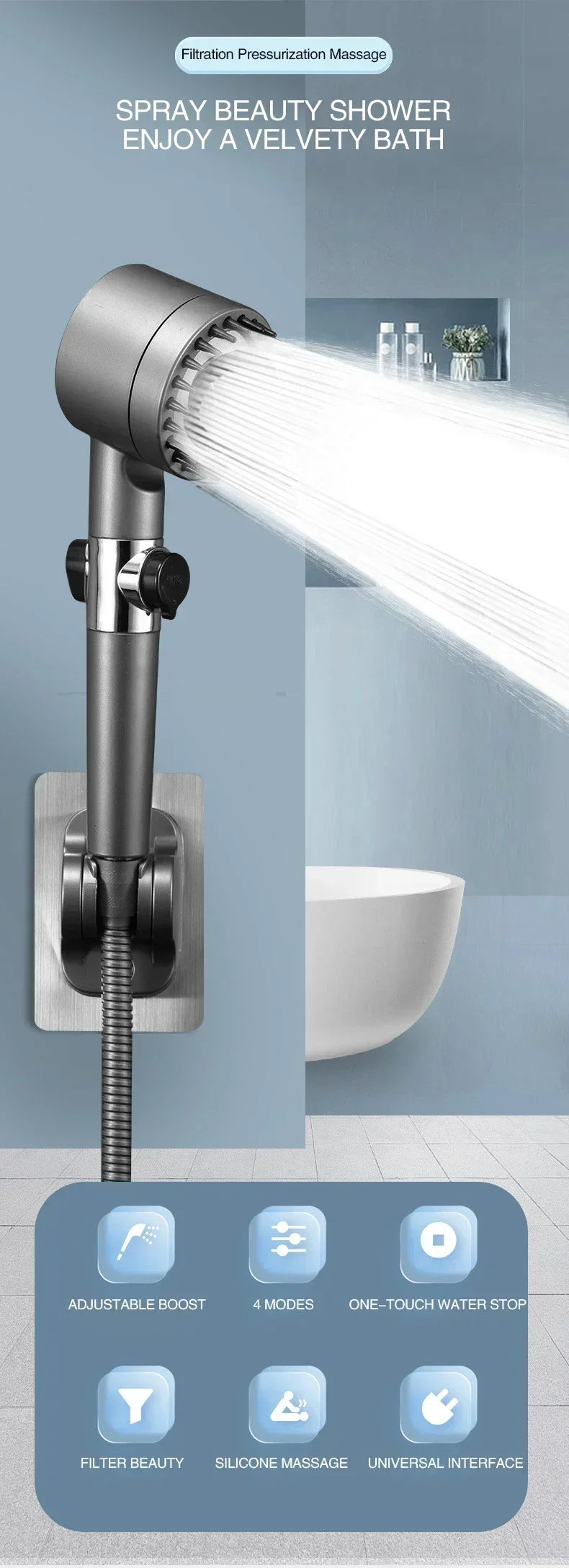 High Pressurized Filter Shower Head 3-Mode Adjustable Spray