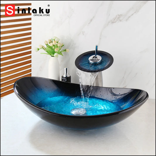Sinlaku Bathroom Basin Blue Tempered Glass Basin Deck