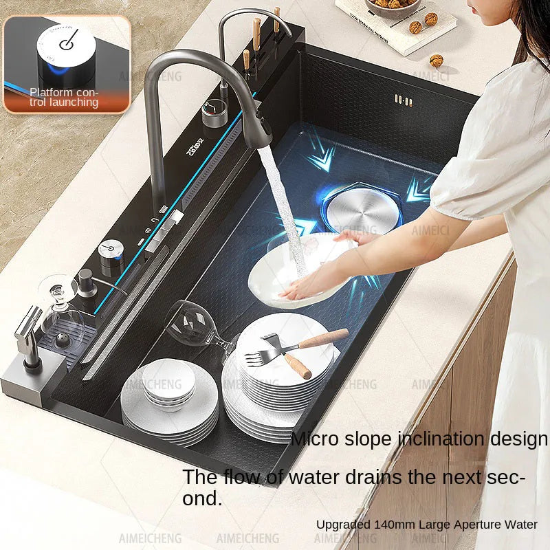 Stainless Steel Waterfall Sink Embossed Large Slot Vegetable