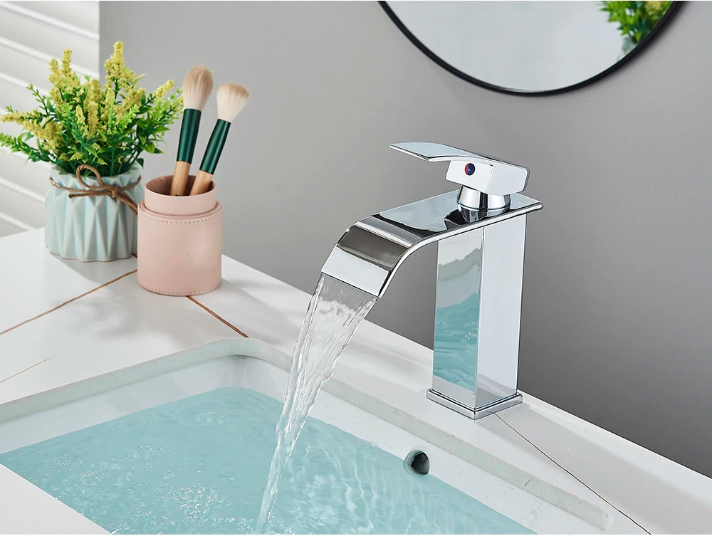 Brushed Golden Basin Faucets Elegant Waterfall Bathroom Sink
