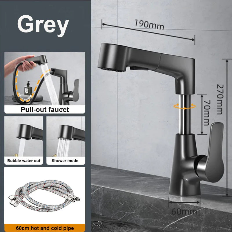 Dual-Function Pull-Down Bathroom Sink Faucet Adjustable Height