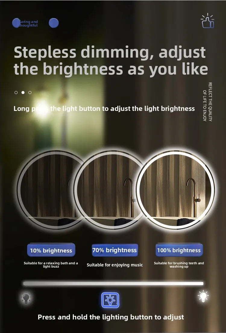 Round Smart Bathroom Mirror Wall-Mounted Led Light Touch