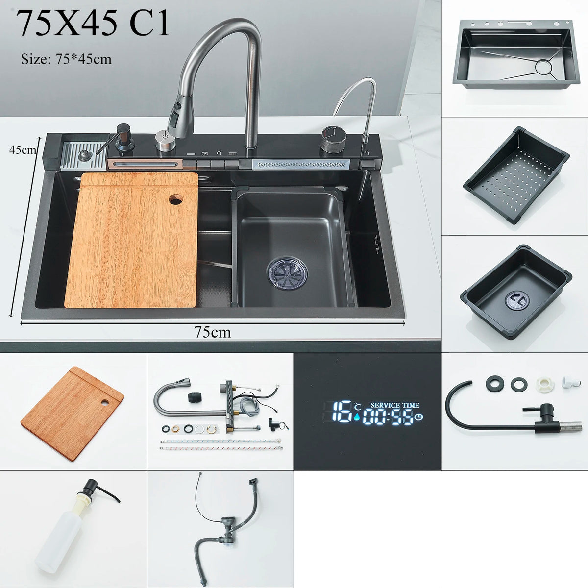 Shinesia Stainless Steel Waterfall Sink Digital Display Large