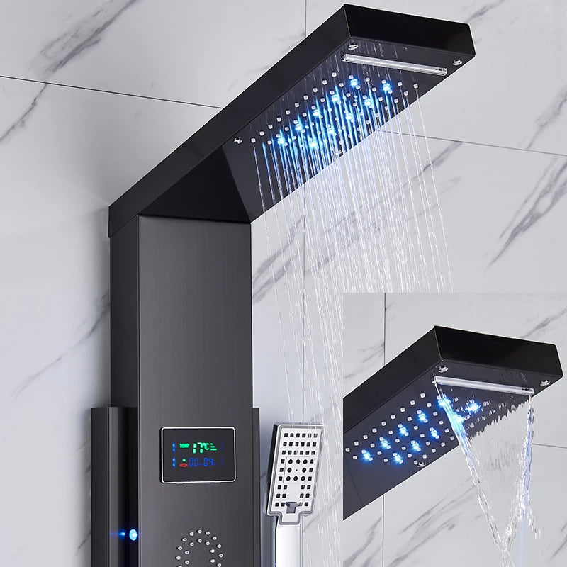 Black Wall-Mounted Shower Panel Shower Column Waterfall Nozzle