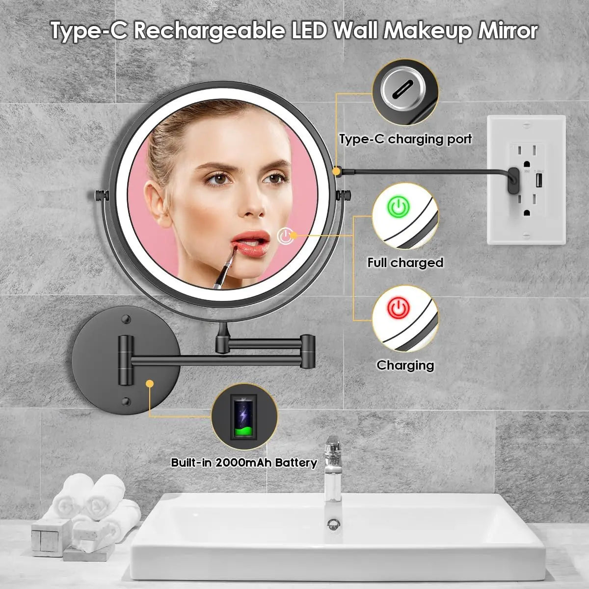Touch Led Folding Bathroom Mirrors Double Face 5x