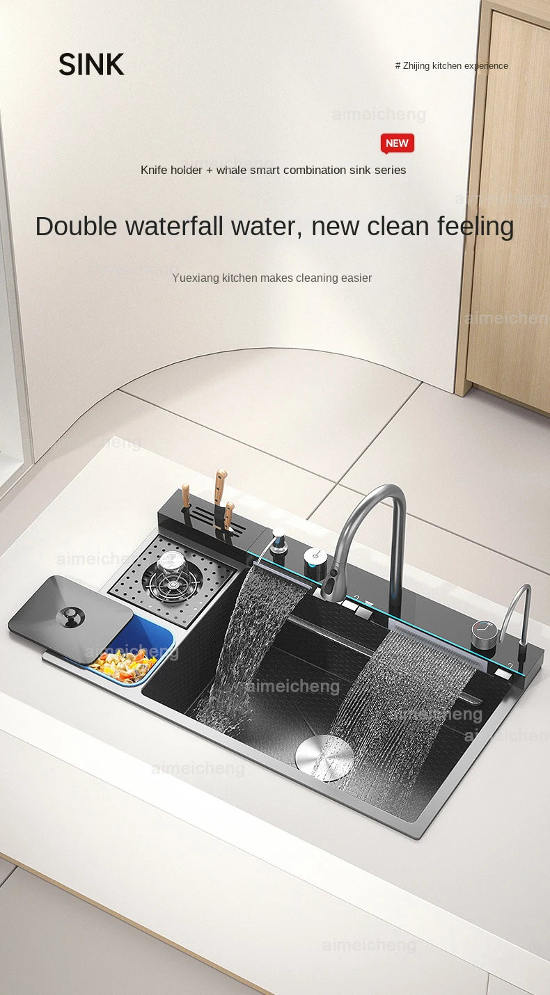 Stainless Steel Sink Waterfall Trash Can Cup Wash