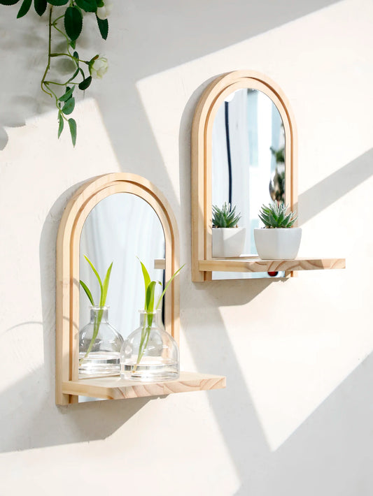 Arched Wall Mirror Shelf Natural Wood Hanging Mirror