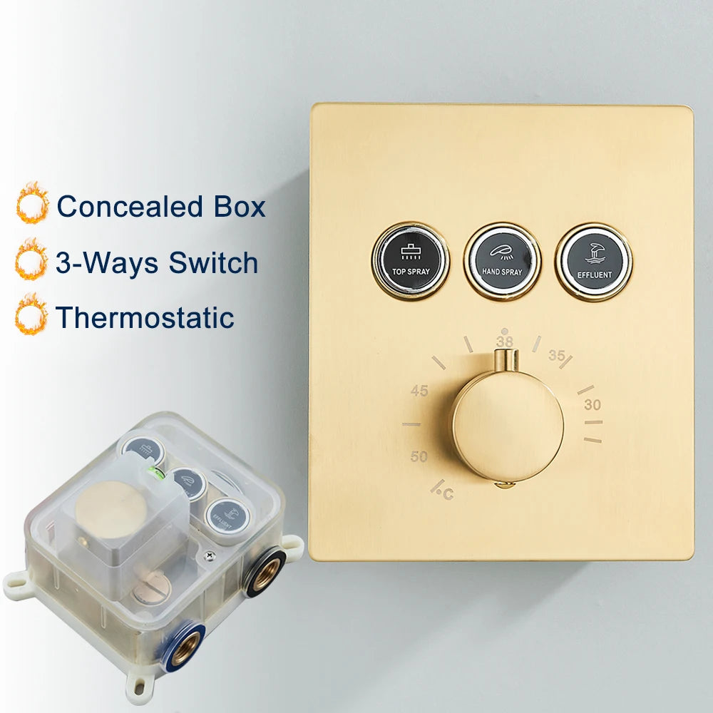 Black Thermostatic Bathroom Shower Faucet Remote Led Rainfall