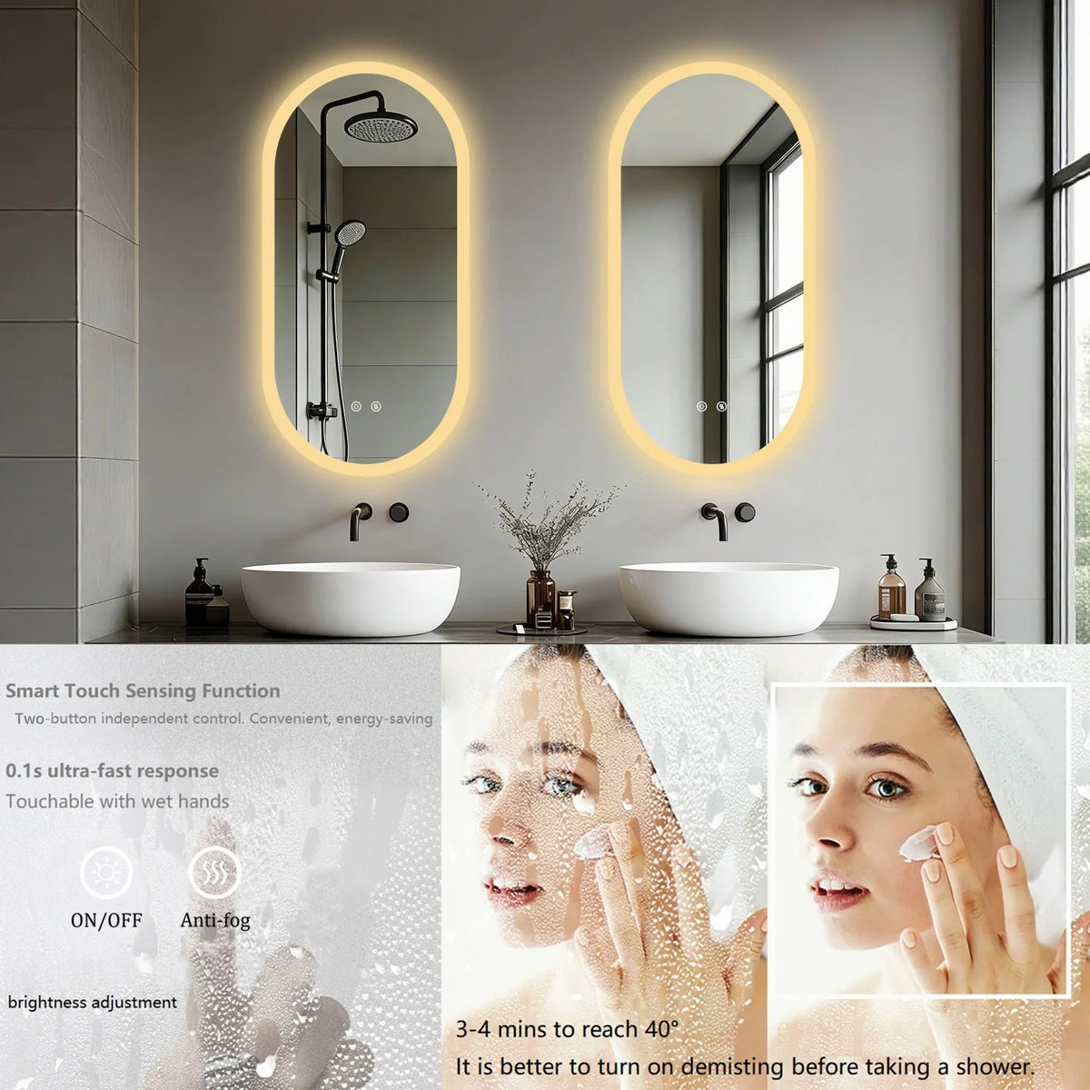 80/100/120cm Long Oval Led Bathroom Mirror Backlit Wall