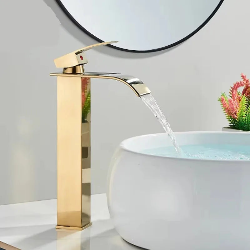 Brushed Golden Basin Faucets Elegant Waterfall Bathroom Sink